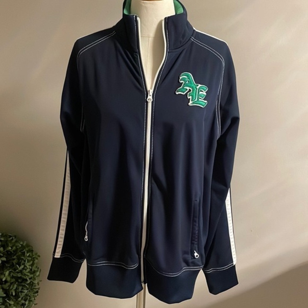 American Eagle sportswear MENS jersey zip up jacket  logo patch blue green M